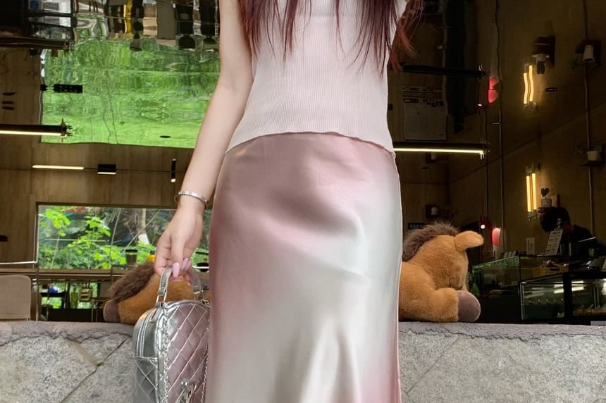 High Waist Gradient Satin Maxi A-Line Skirt