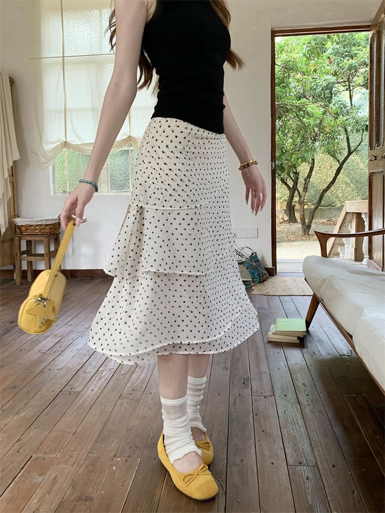 Mid Waist Dotted Midi Tiered Skirt