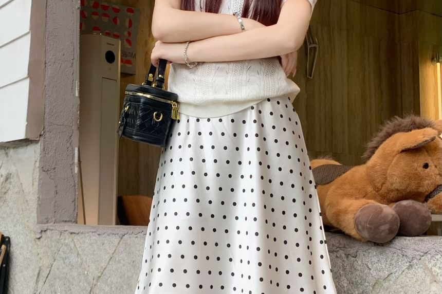 High Waist Polka Dot Overlay Midi A-Line Skirt