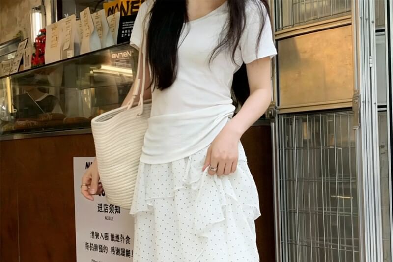 High Waist Dotted Asymmetric Midi Tiered Skirt