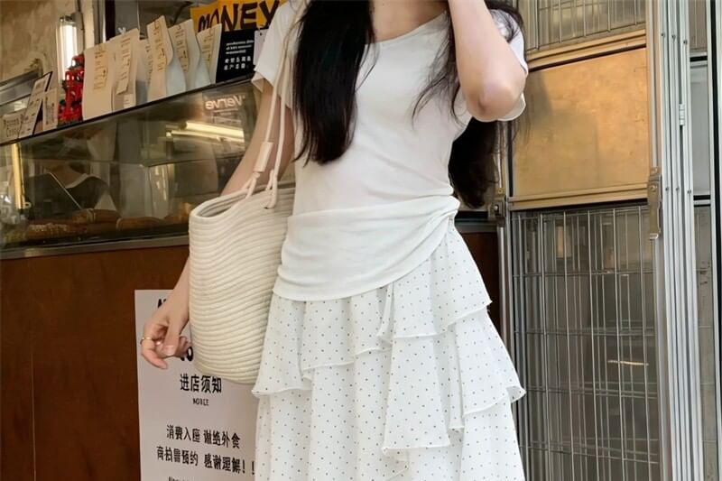 High Waist Dotted Asymmetric Midi Tiered Skirt