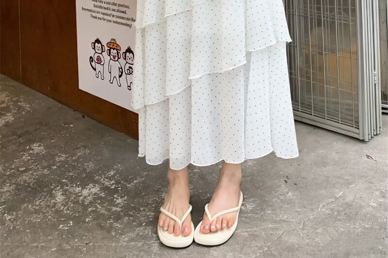High Waist Dotted Asymmetric Midi Tiered Skirt