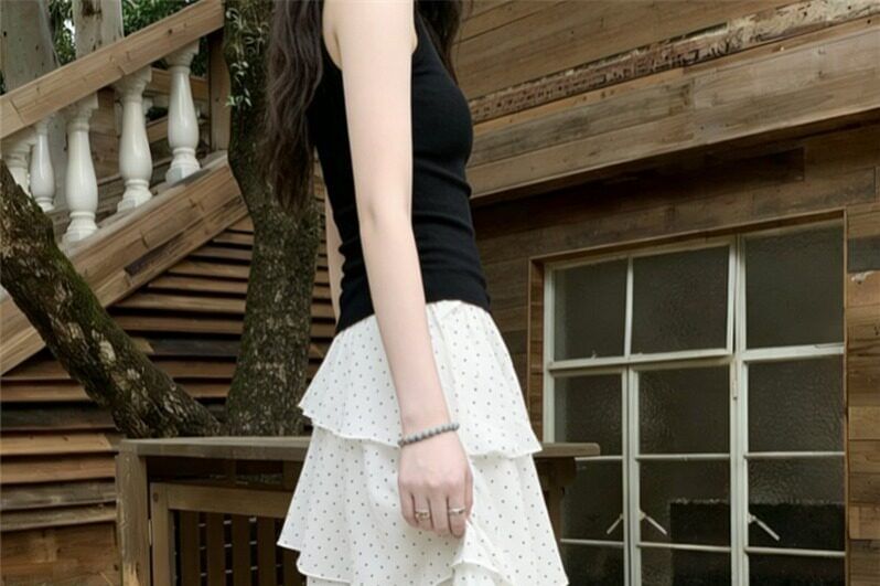 High Waist Dotted Asymmetric Midi Tiered Skirt