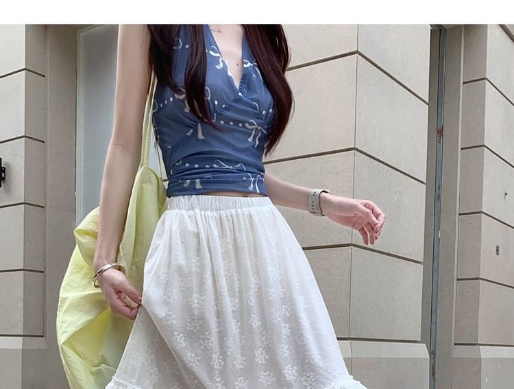 High Waist Plain Ruffle Panel Lace Maxi A-Line Skirt