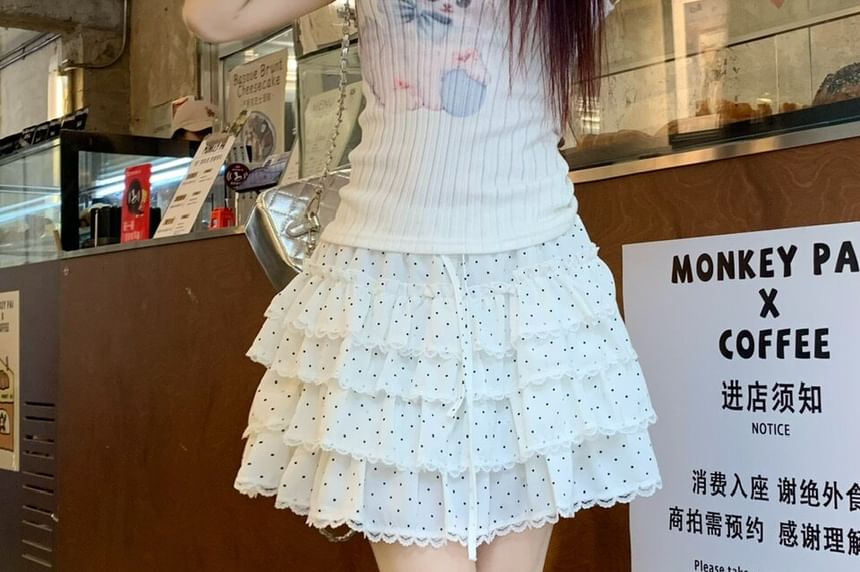 High Waist Micro Dotted Tiered Lace Trim Mini A-Line Skirt