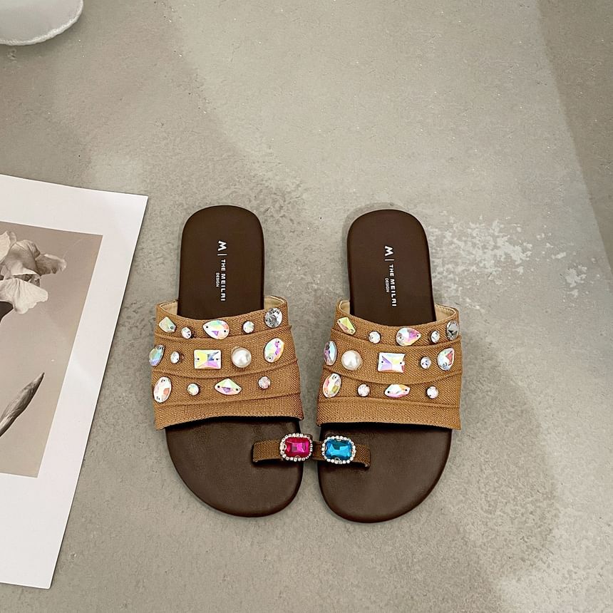 Faux Crystal Loop Toe Faux Leather Slide Sandals