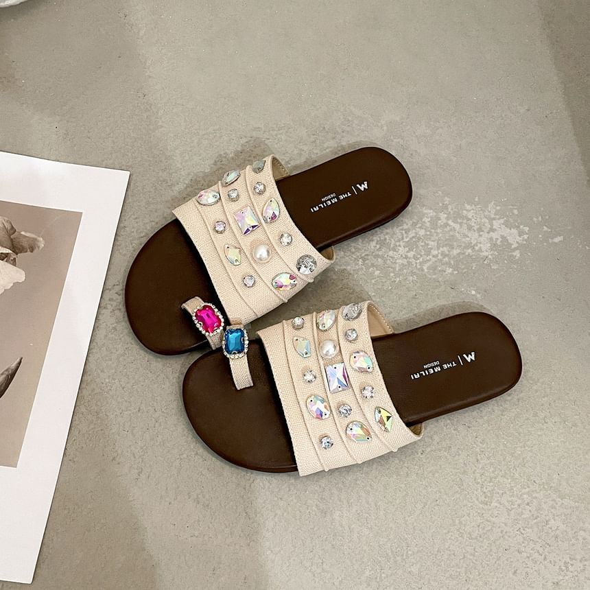 Faux Crystal Loop Toe Faux Leather Slide Sandals