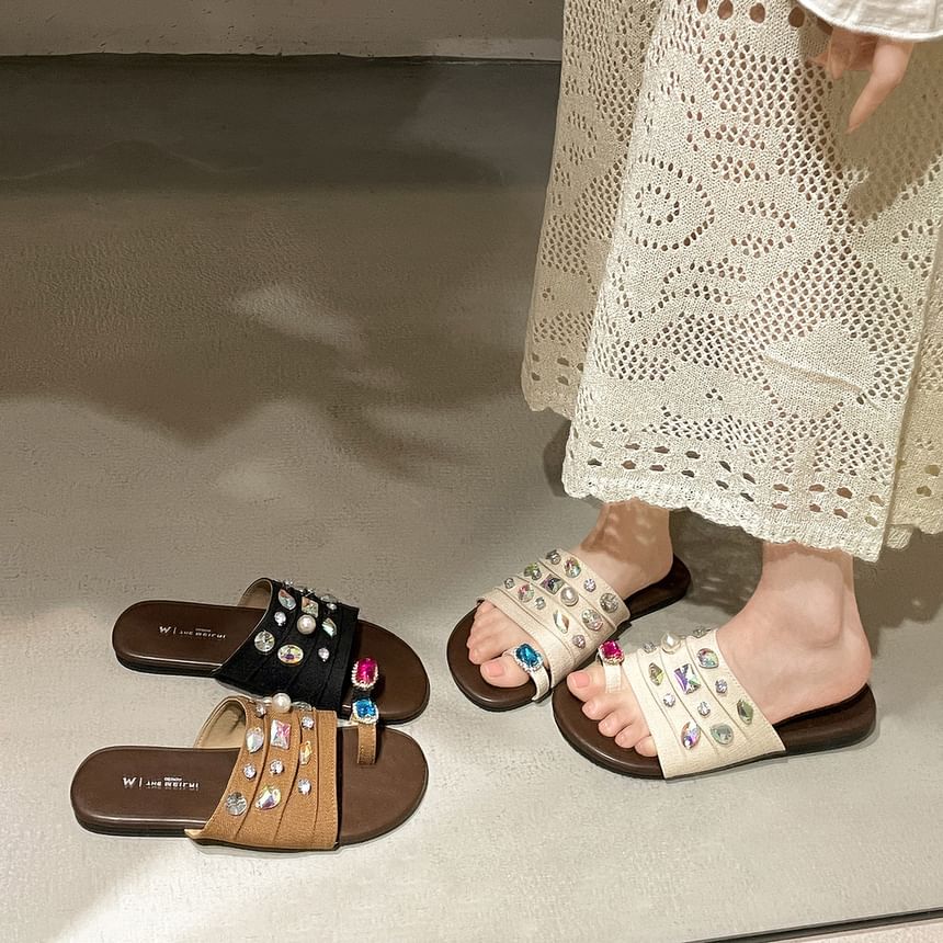Faux Crystal Loop Toe Faux Leather Slide Sandals
