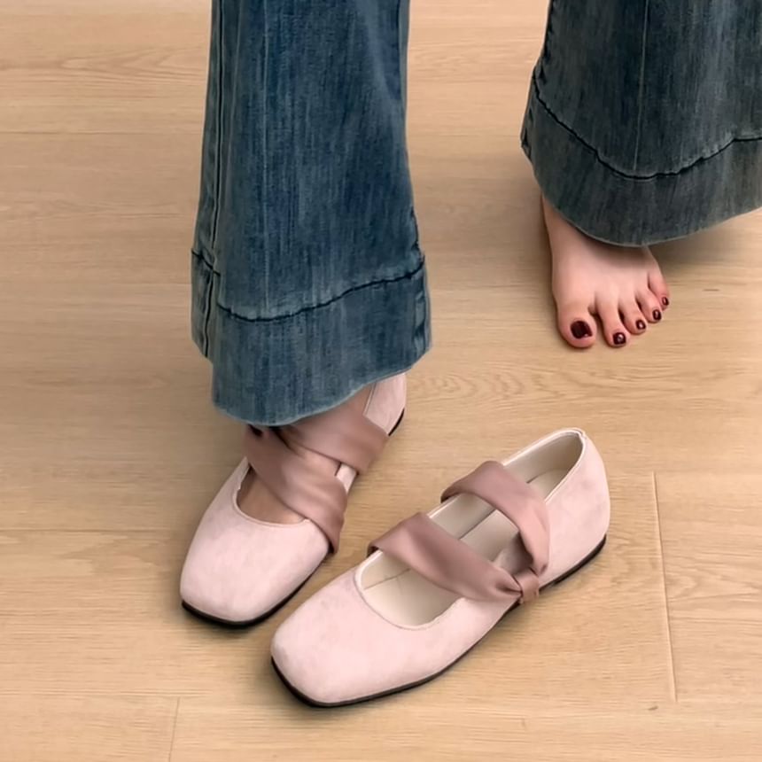 Double Strap Square Toe Faux Leather Flats