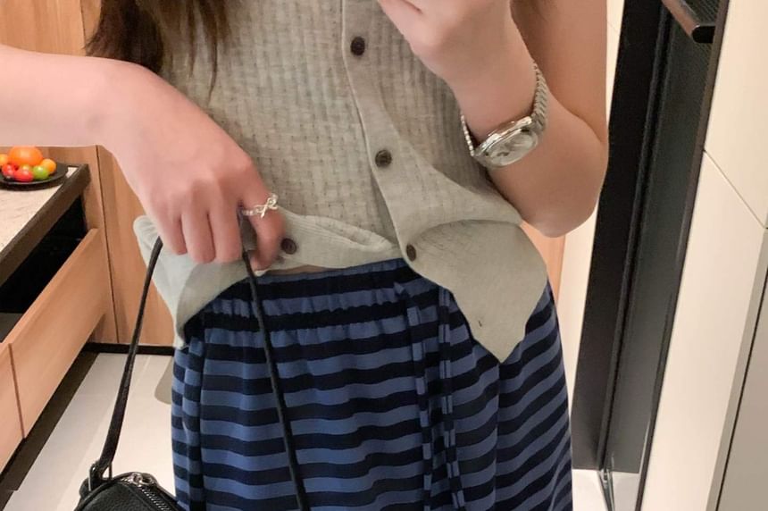 Drawstring Waist Striped Maxi A-Line Skirt