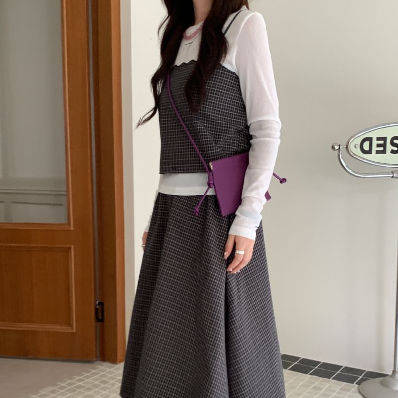 Set: Spaghetti Strap Plaid Crop Camisole Top + Mid Rise Midi A-Line Skirt