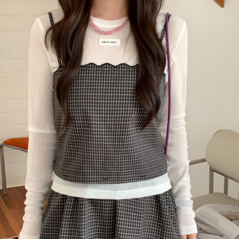 Set: Spaghetti Strap Plaid Crop Camisole Top + Mid Rise Midi A-Line Skirt