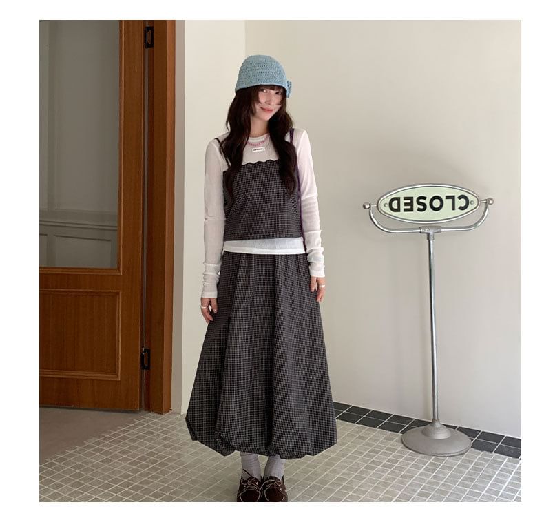 Set: Spaghetti Strap Plaid Crop Camisole Top + Mid Rise Midi A-Line Skirt