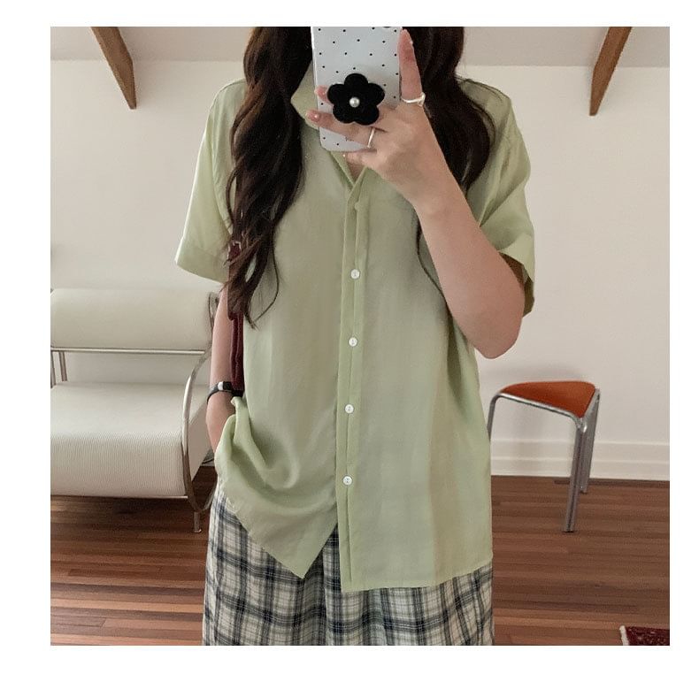 Button-Up Shirt with Collar and Short Sleeves