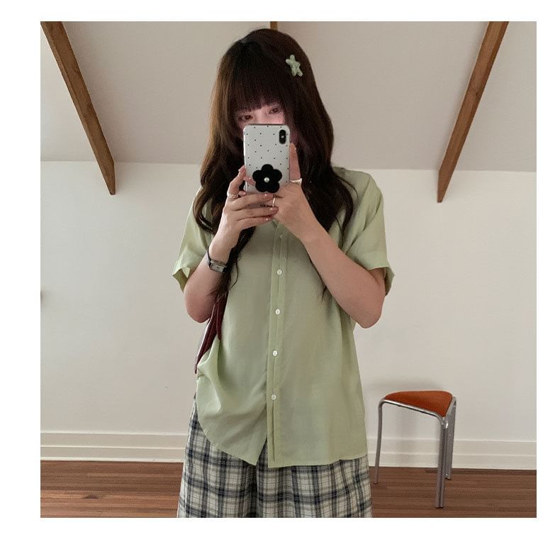Button-Up Shirt with Collar and Short Sleeves