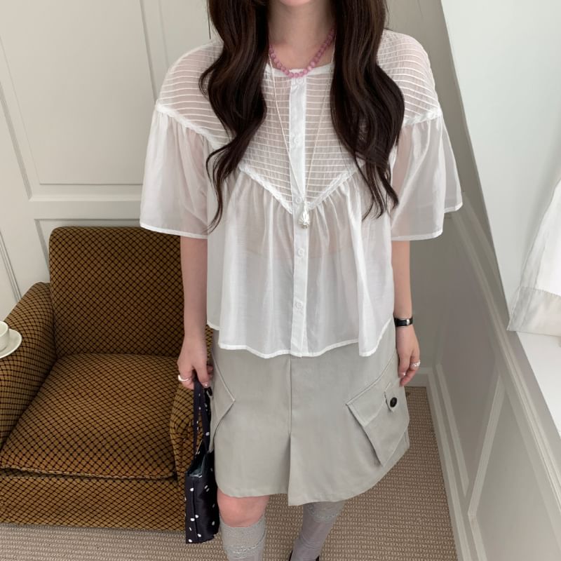 Ruched Blouse with Round Neck and Short Sleeves