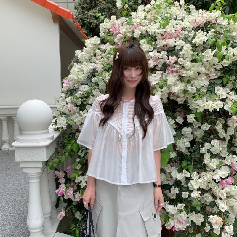 Ruched Blouse with Round Neck and Short Sleeves