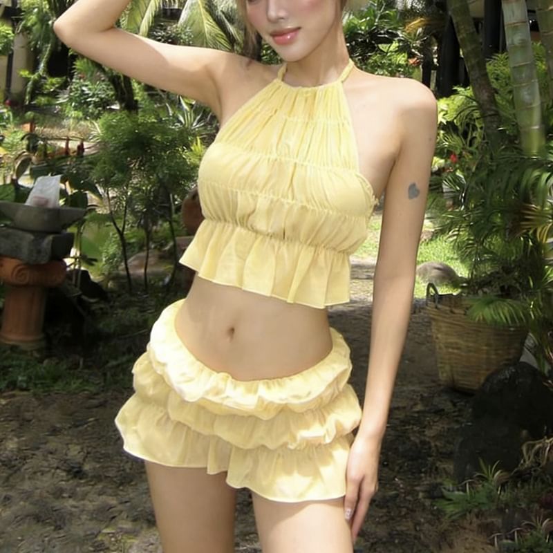 Sleeveless Plain Corp Top / Low Waist Mini Tiered Skirt
