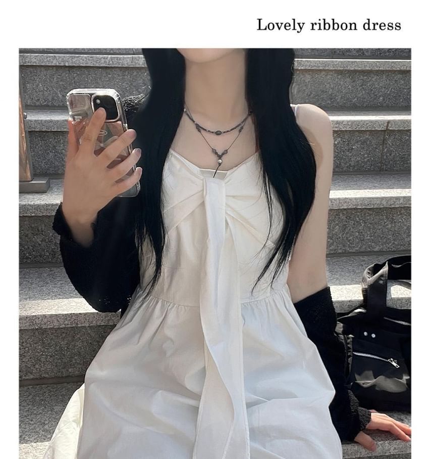 Spaghetti Strap V-Neck Plain Tie Front Mini A-Line Dress