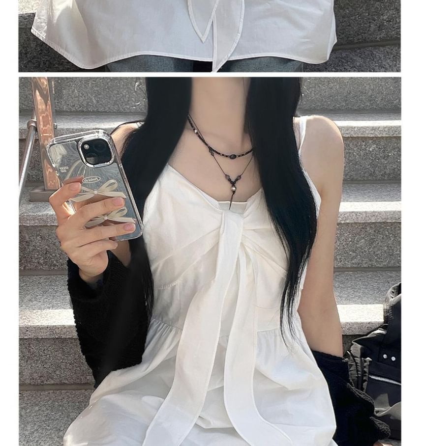Spaghetti Strap V-Neck Plain Tie Front Mini A-Line Dress