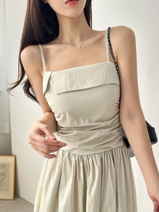 Spaghetti Strap Plain Ruched Maxi A-Line Dress