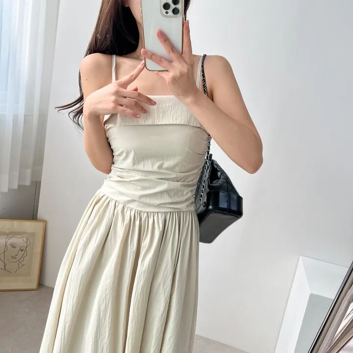 Spaghetti Strap Plain Ruched Maxi A-Line Dress