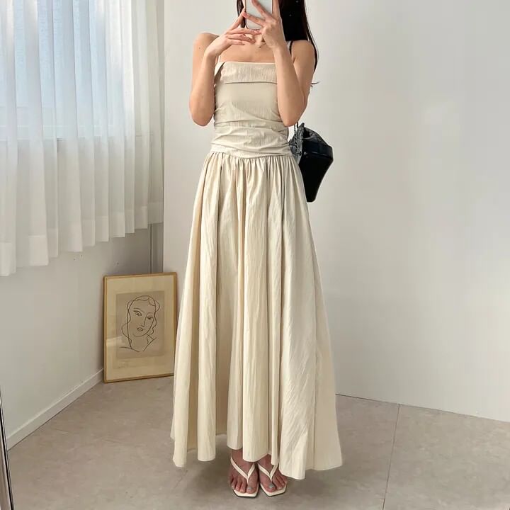 Spaghetti Strap Plain Ruched Maxi A-Line Dress