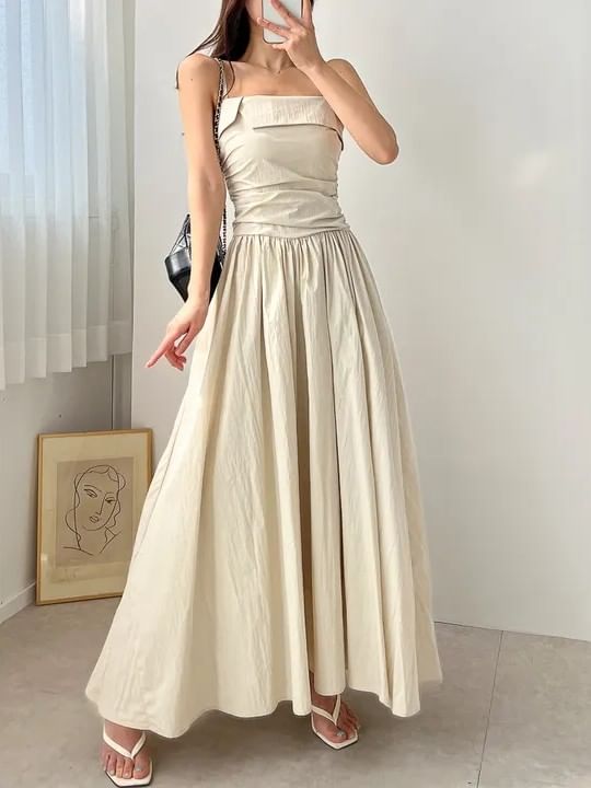Spaghetti Strap Plain Ruched Maxi A-Line Dress