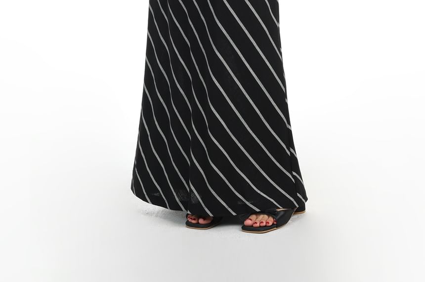Drawstring Waist Diagonal Striped Maxi A-Line Skirt