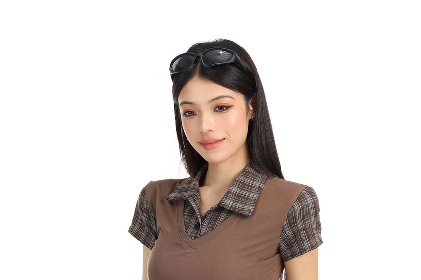Plaid Collared Short Sleeve Mock Two Piece