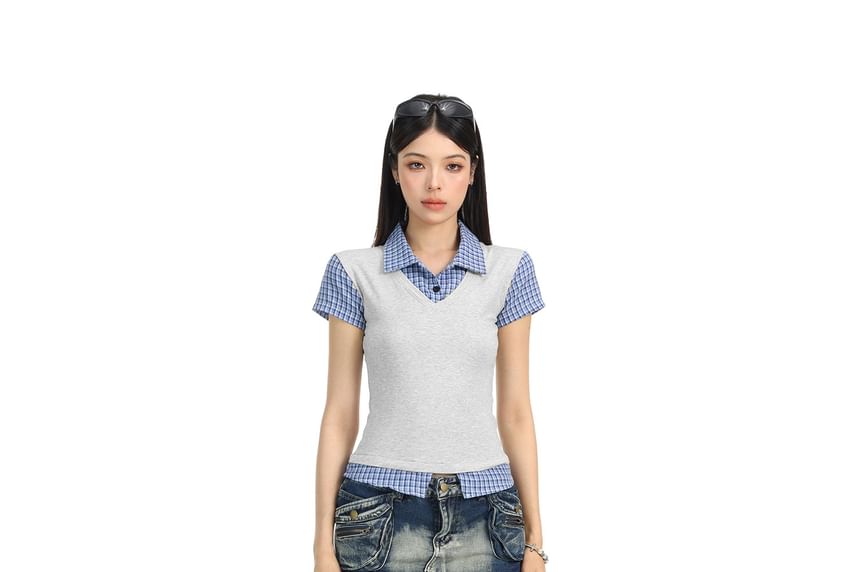 Plaid Collared Short Sleeve Mock Two Piece