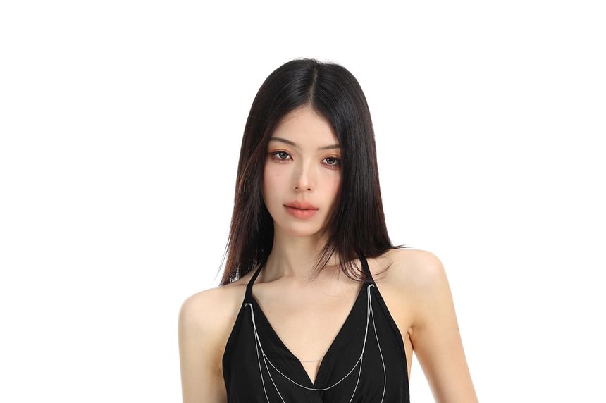 Rhinestone Embellished Cowl Neck Halter Blouse