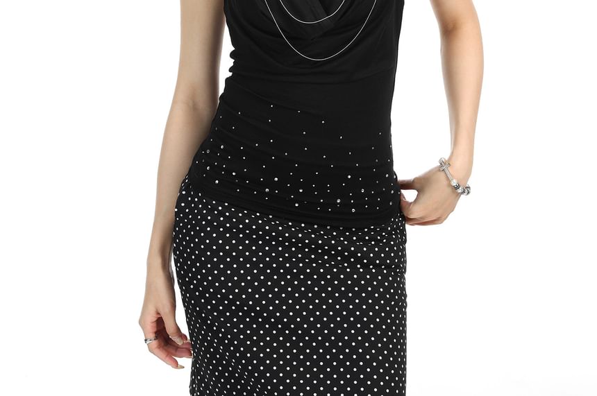 Rhinestone Embellished Cowl Neck Halter Blouse