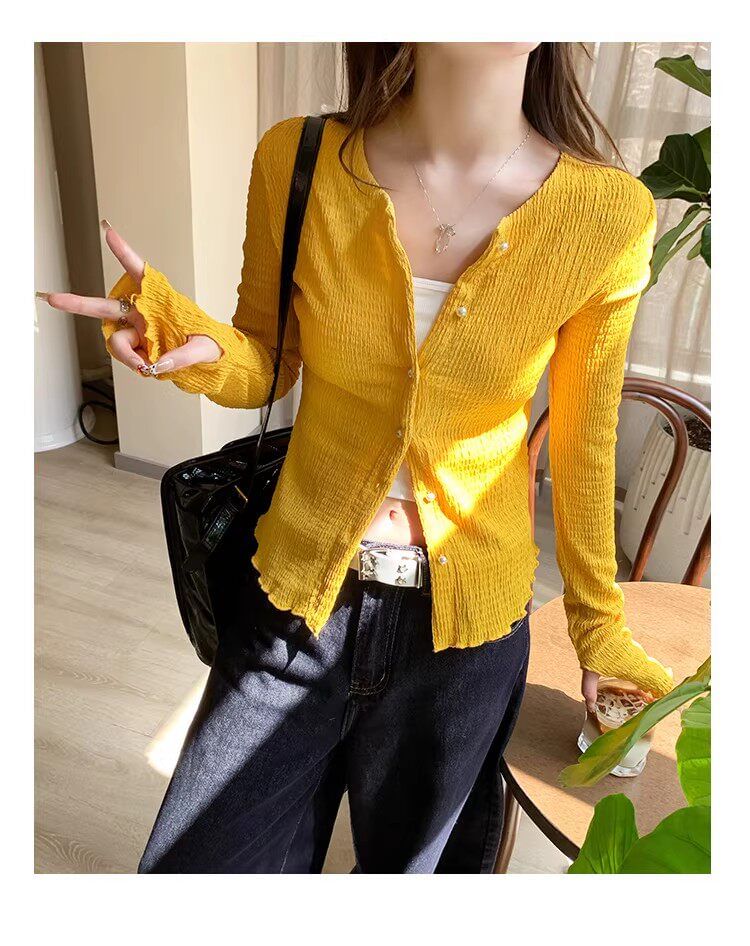 Crew Neck Button-Up Plain Crop Cardigan