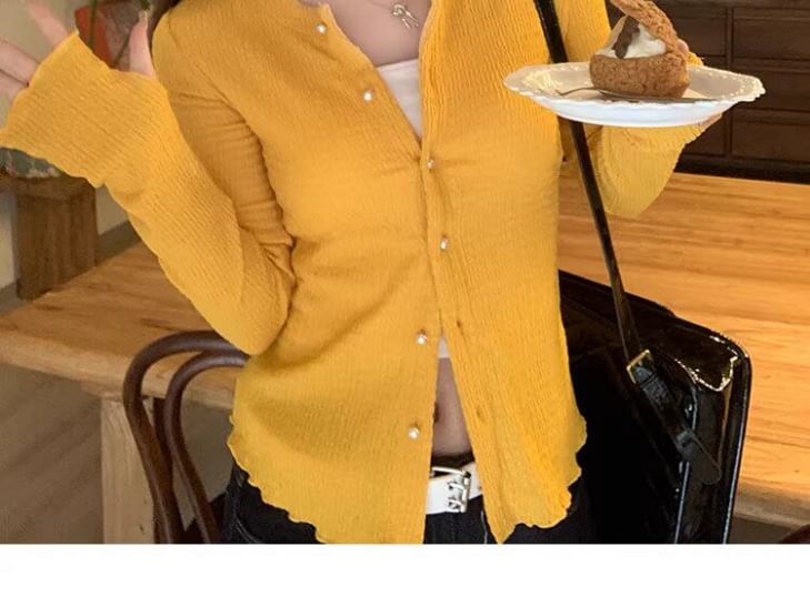 Crew Neck Button-Up Plain Crop Cardigan