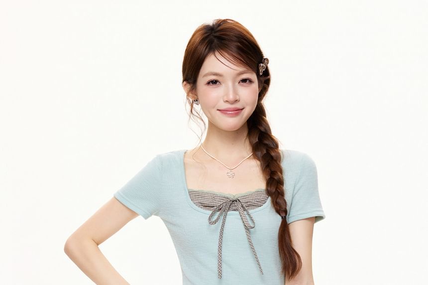 Plaid Panel Crop Tee with Square Neck and Lace Trim