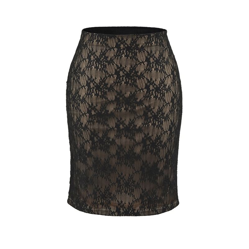 High Waist Lace Overlay Midi Pencil Skirt