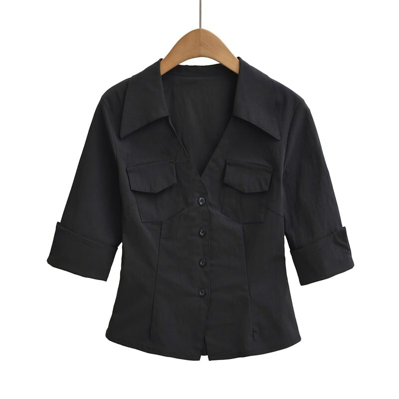 Collared V-Neck Flap Pocket Elbow Sleeve Shirt