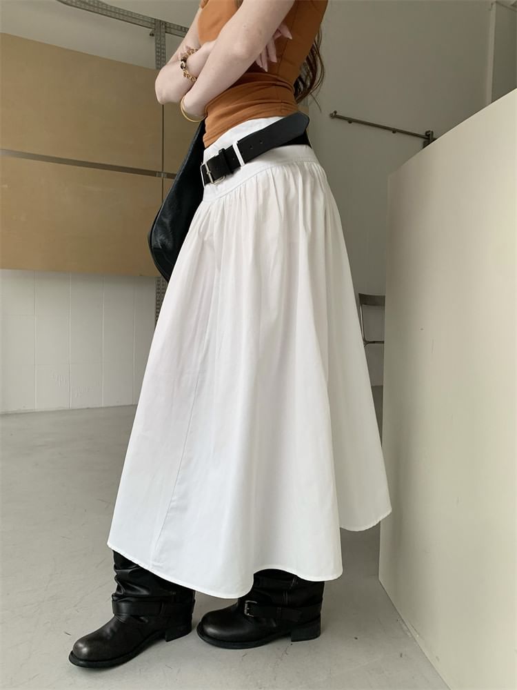 Mid Rise Plain Midi A-Line Skirt