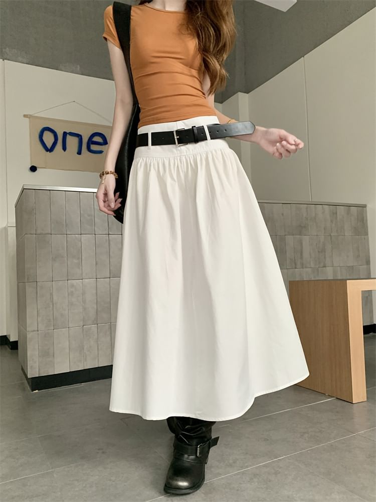 Mid Rise Plain Midi A-Line Skirt