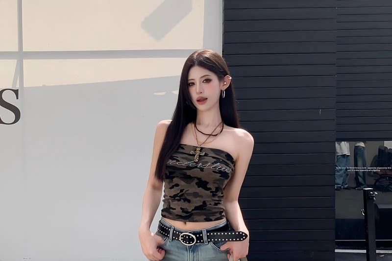 Camo Print Crop Tube Top with Rhinestone Accents