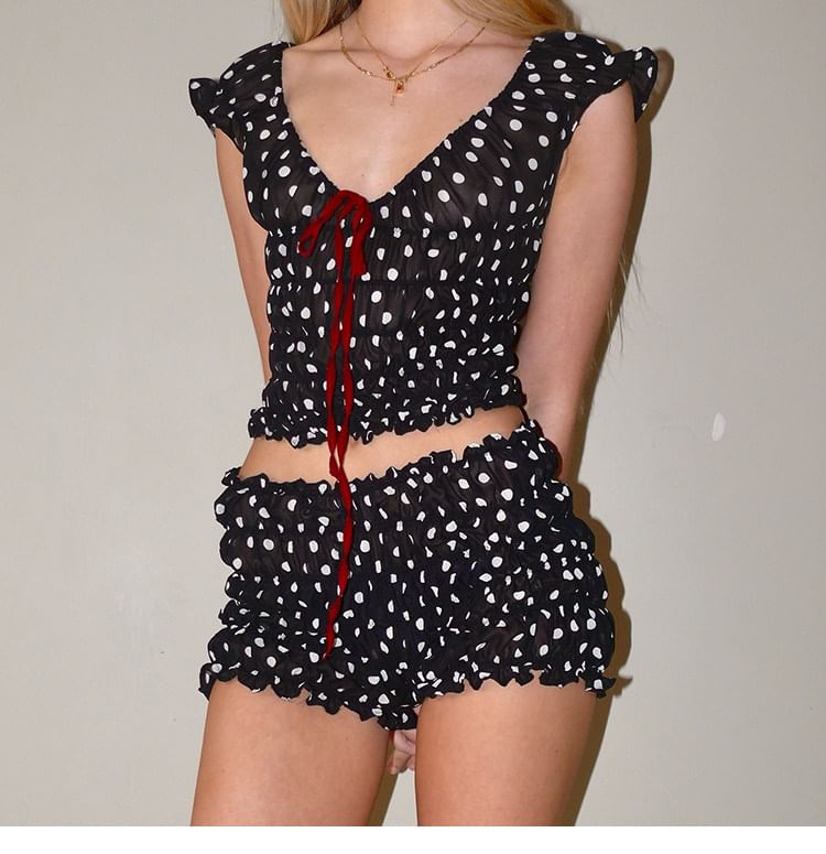 Dotted Crop Top Set with Mid Rise Shorts
