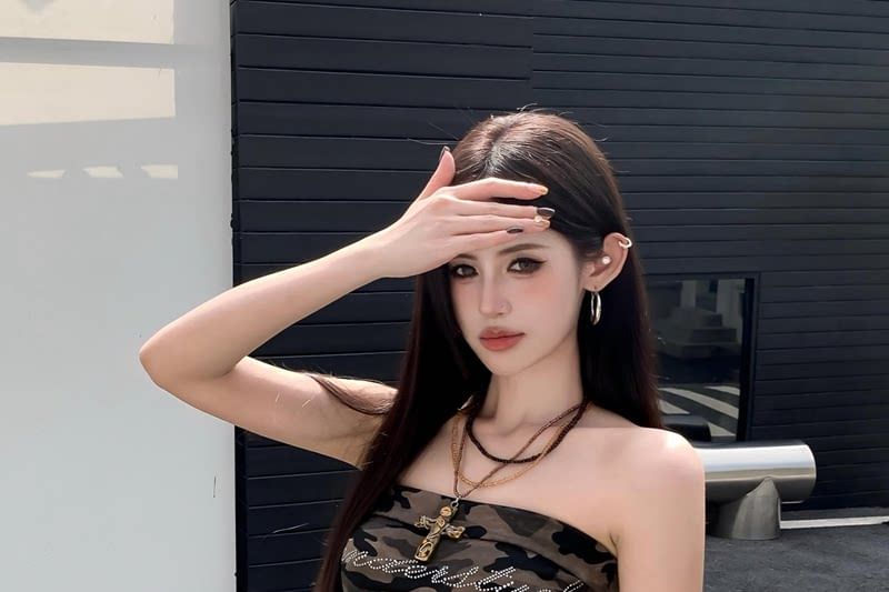 Camo Print Crop Tube Top with Rhinestone Accents