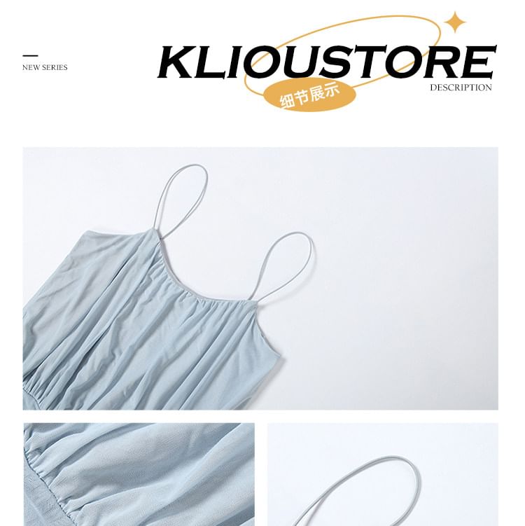 Spaghetti Strap Scoop Neck Plain Ruched Maxi A-Line Dress