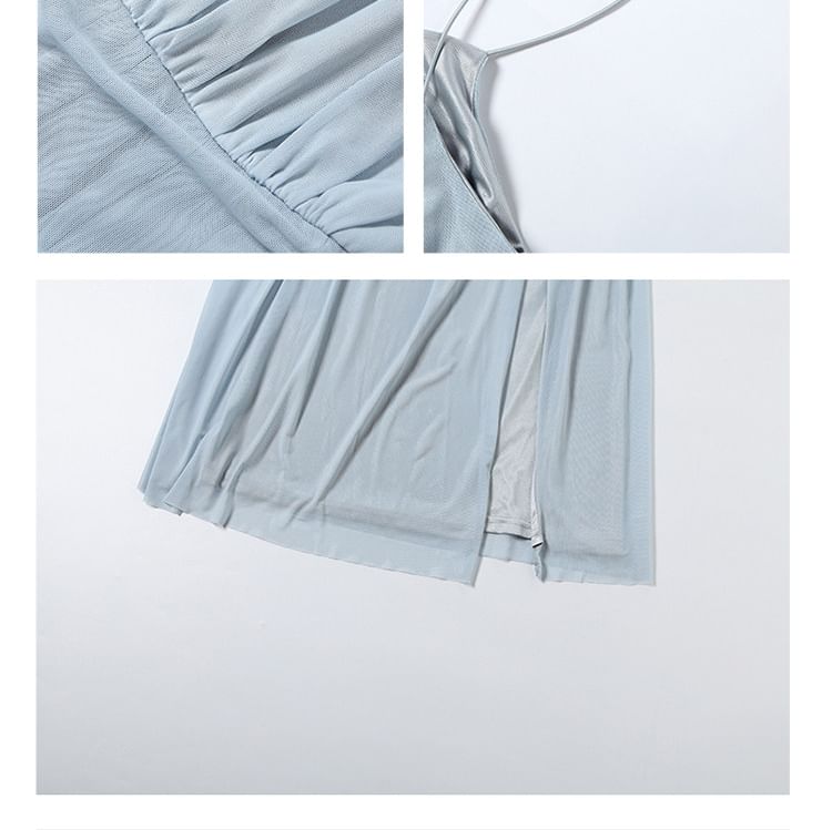 Spaghetti Strap Scoop Neck Plain Ruched Maxi A-Line Dress
