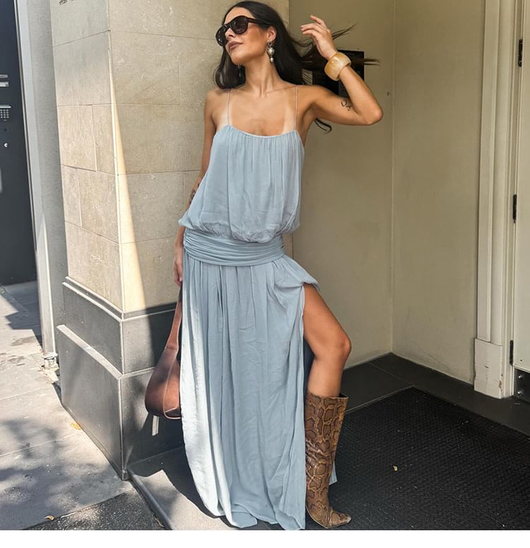 Spaghetti Strap Scoop Neck Plain Ruched Maxi A-Line Dress