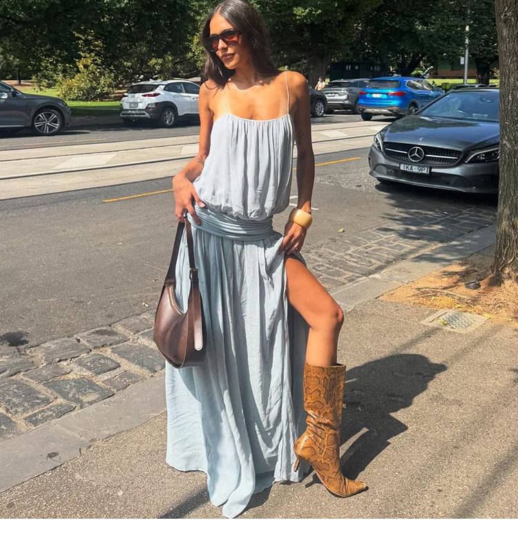 Spaghetti Strap Scoop Neck Plain Ruched Maxi A-Line Dress