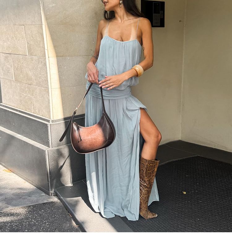 Spaghetti Strap Scoop Neck Plain Ruched Maxi A-Line Dress