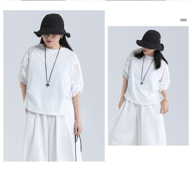 Plain Paneled Tee with Elbow-Length Sleeves and Crew Collar