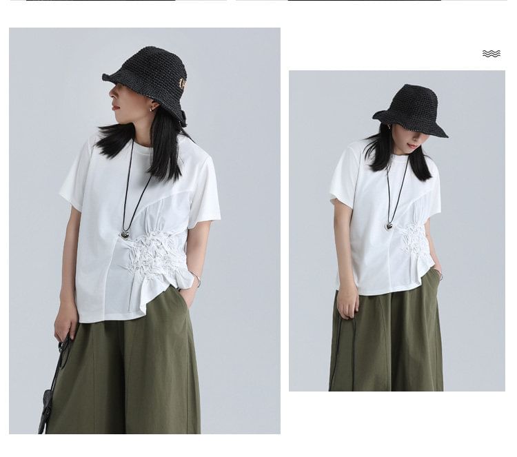 Asymmetrical Ruched Tee with Crew Neck and Short Sleeves